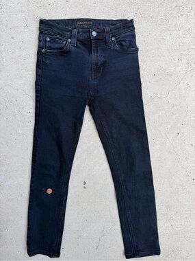 Nudie Jeans High Kai Skinny Black Organic Cotton W26 Hemmed Distressed